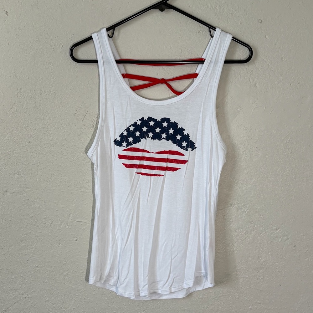 White Tank Top with American Flag Lips Design size small